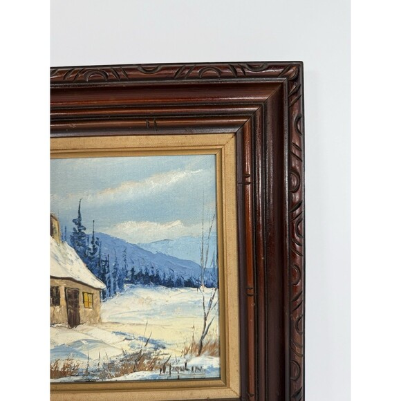 Winter Cottage Landscape Scene Oil Painting In Wood Frame MCM VTG Cozy Cottage - Picture 4 of 11